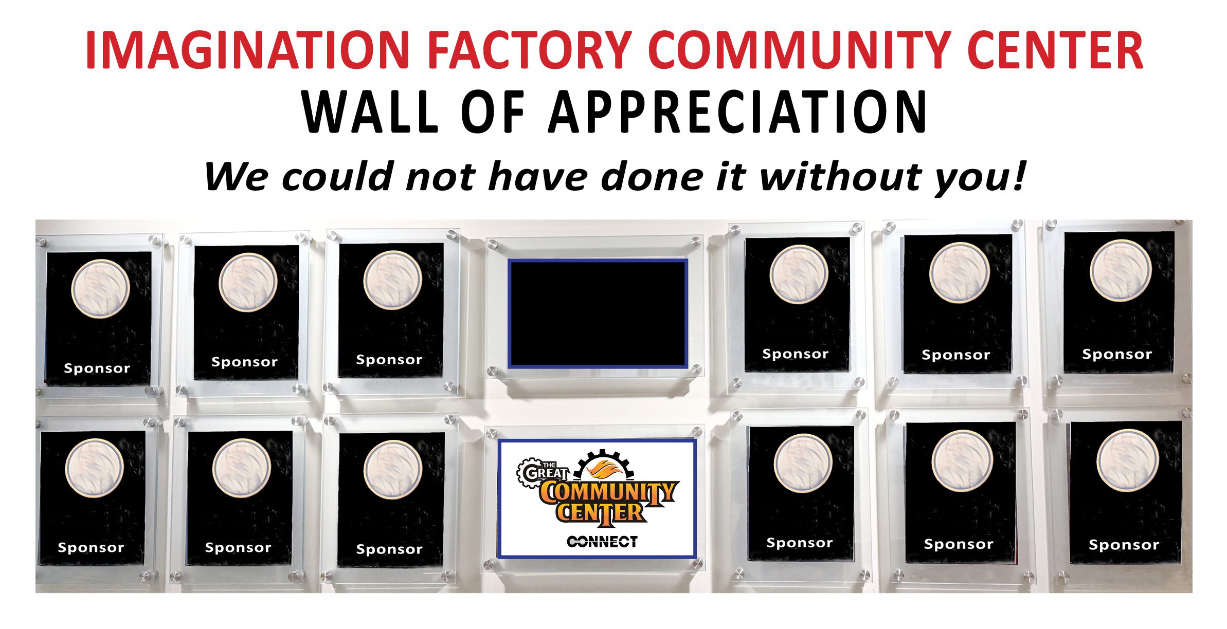 Wall of appreciation with framed sponsors in a community center.