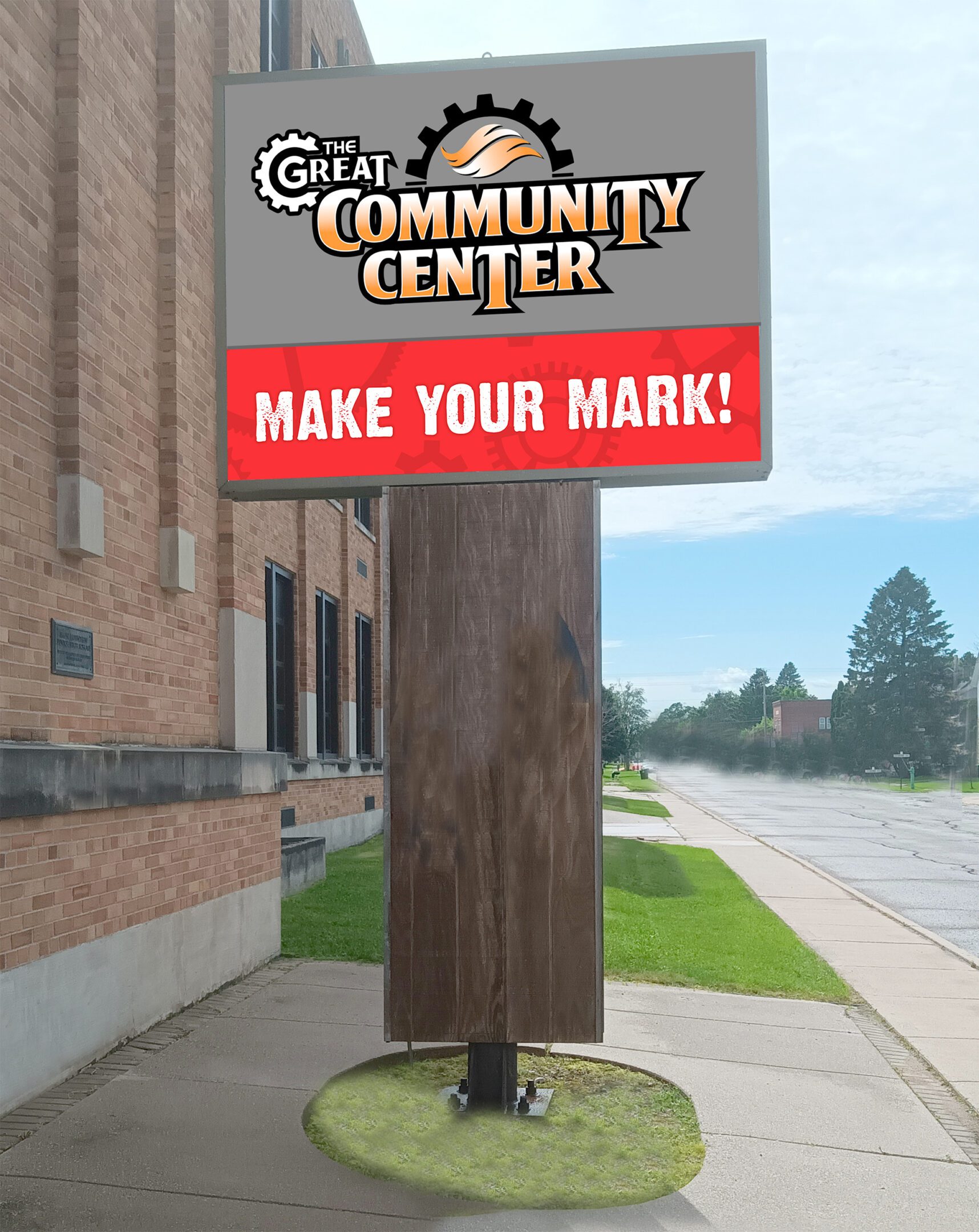 Signboard inviting community to make their mark at the Great Community Center.