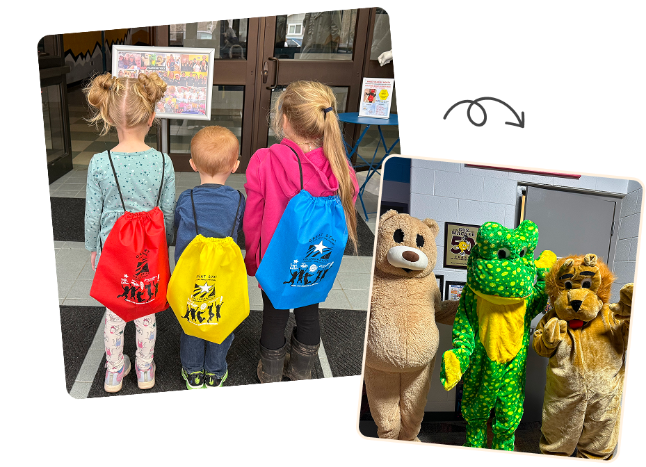 Three children with colorful backpacks looking at an exhibit with costumed characters.