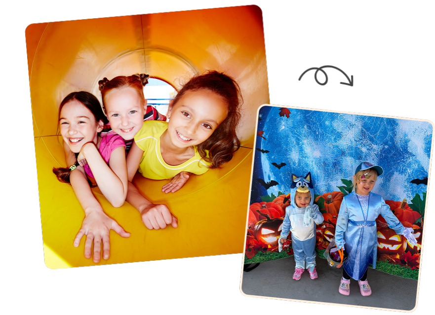 Two photos of smiling children enjoying playtime and dress-up.