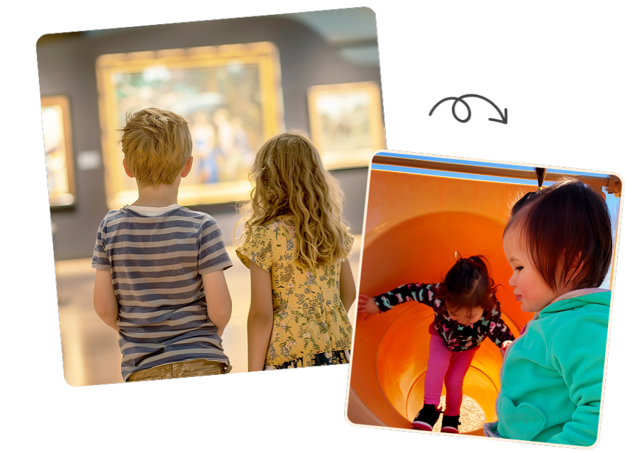 Two children observing art in a museum gallery.