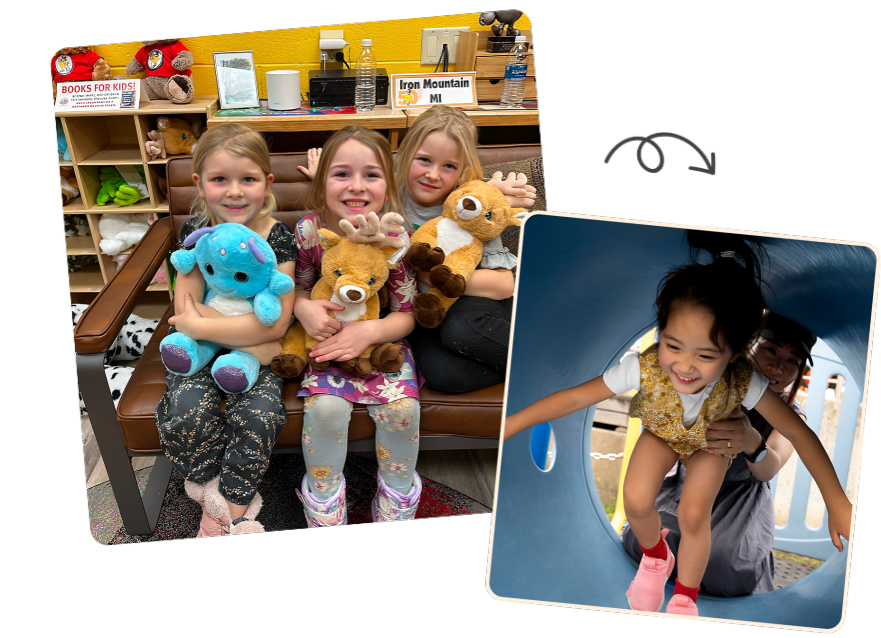 Three children smiling, each holding a stuffed animal in a cozy room.