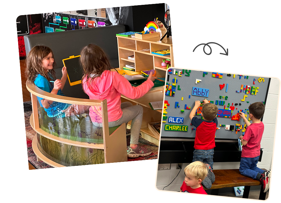 Children engaging in interactive learning activities in a classroom.