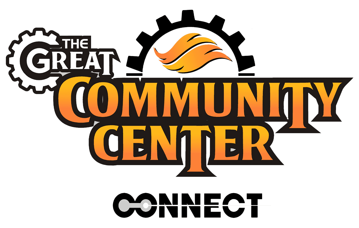 Logo for The Great Community Center Connect with gear and flame icons.