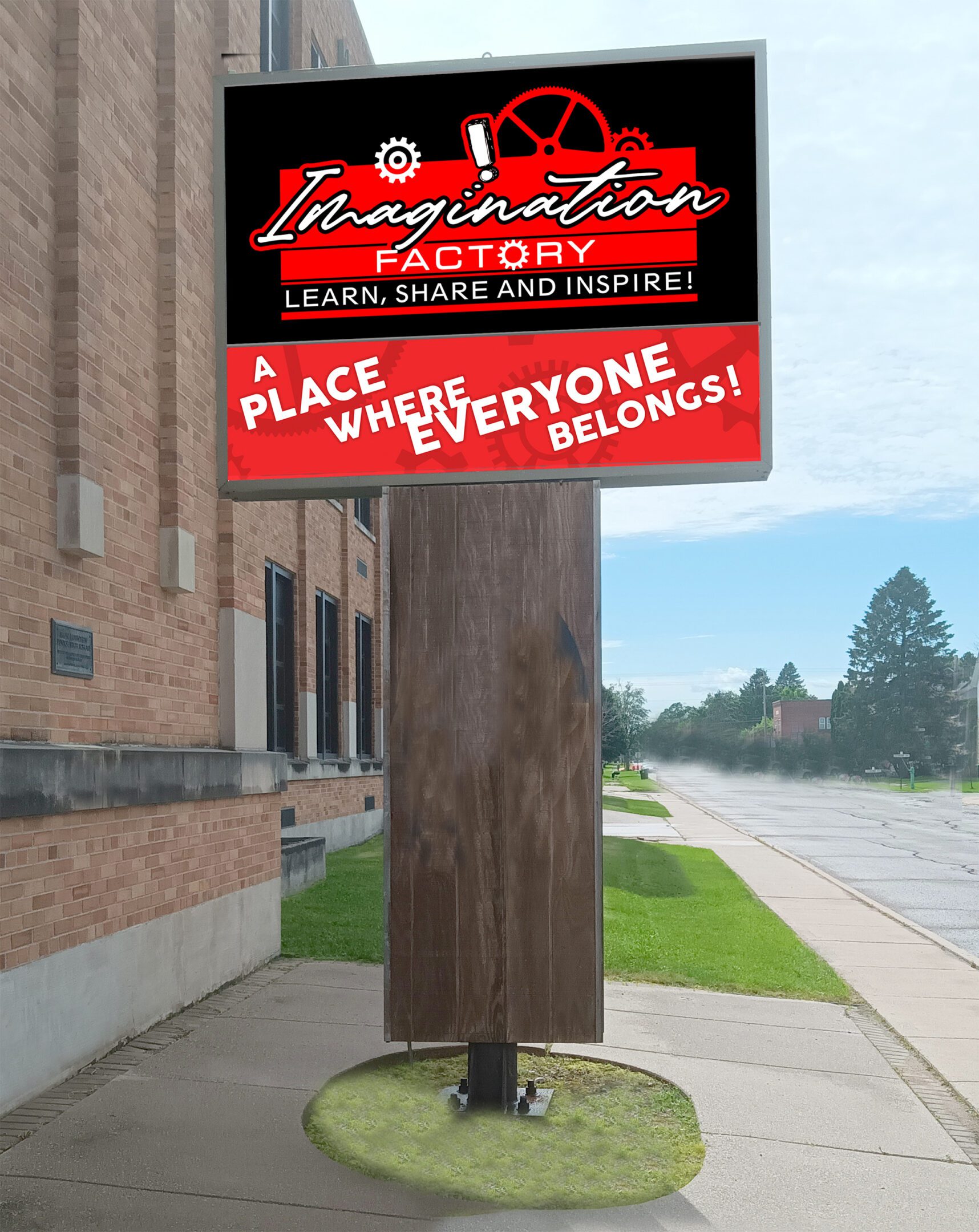 A red sign on a brick wall reads 'Innovation Factory.'