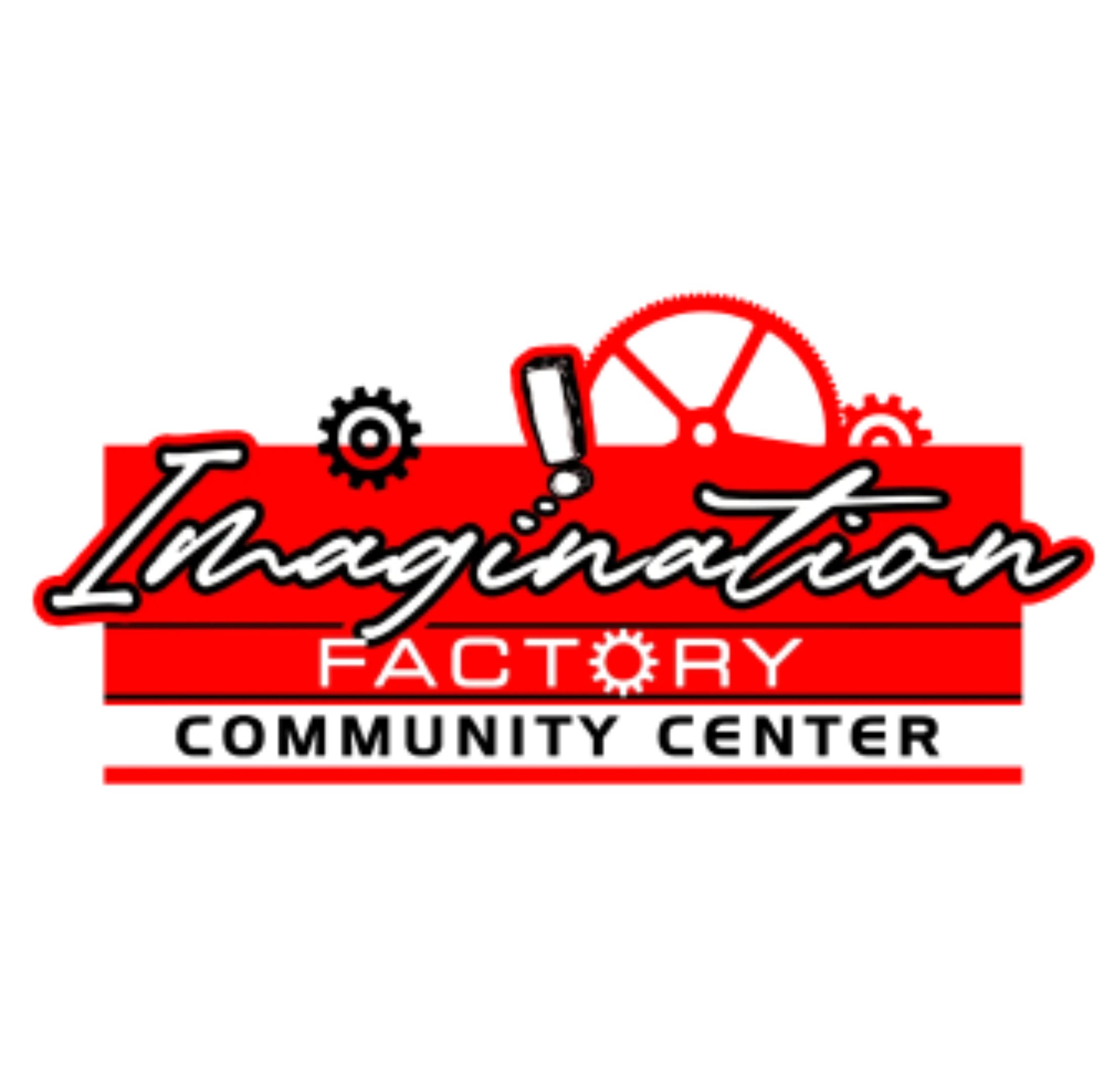Logo of Imagination Factory Community Center with gears and a wheel graphic.