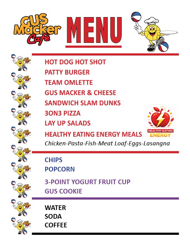 Menu board featuring various food items and healthy options with bee-themed design.