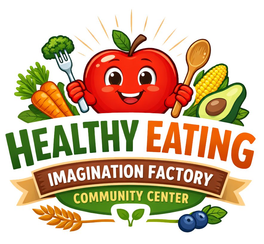 Logo featuring a happy apple and vegetables promoting healthy eating.
