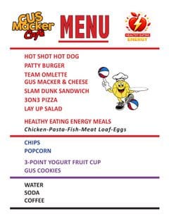 Gus Macker menu board with cartoon mascot